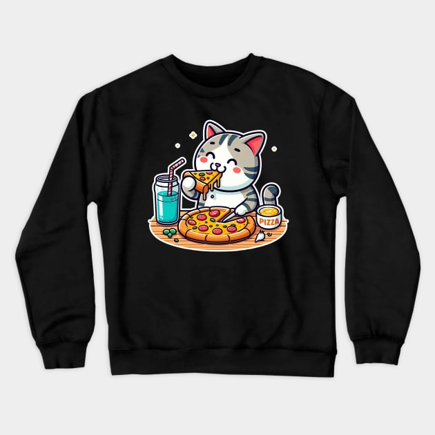 cute cat fat eating pizza, cartoon illustration isolated on white background Crewneck Sweatshirt by art poo